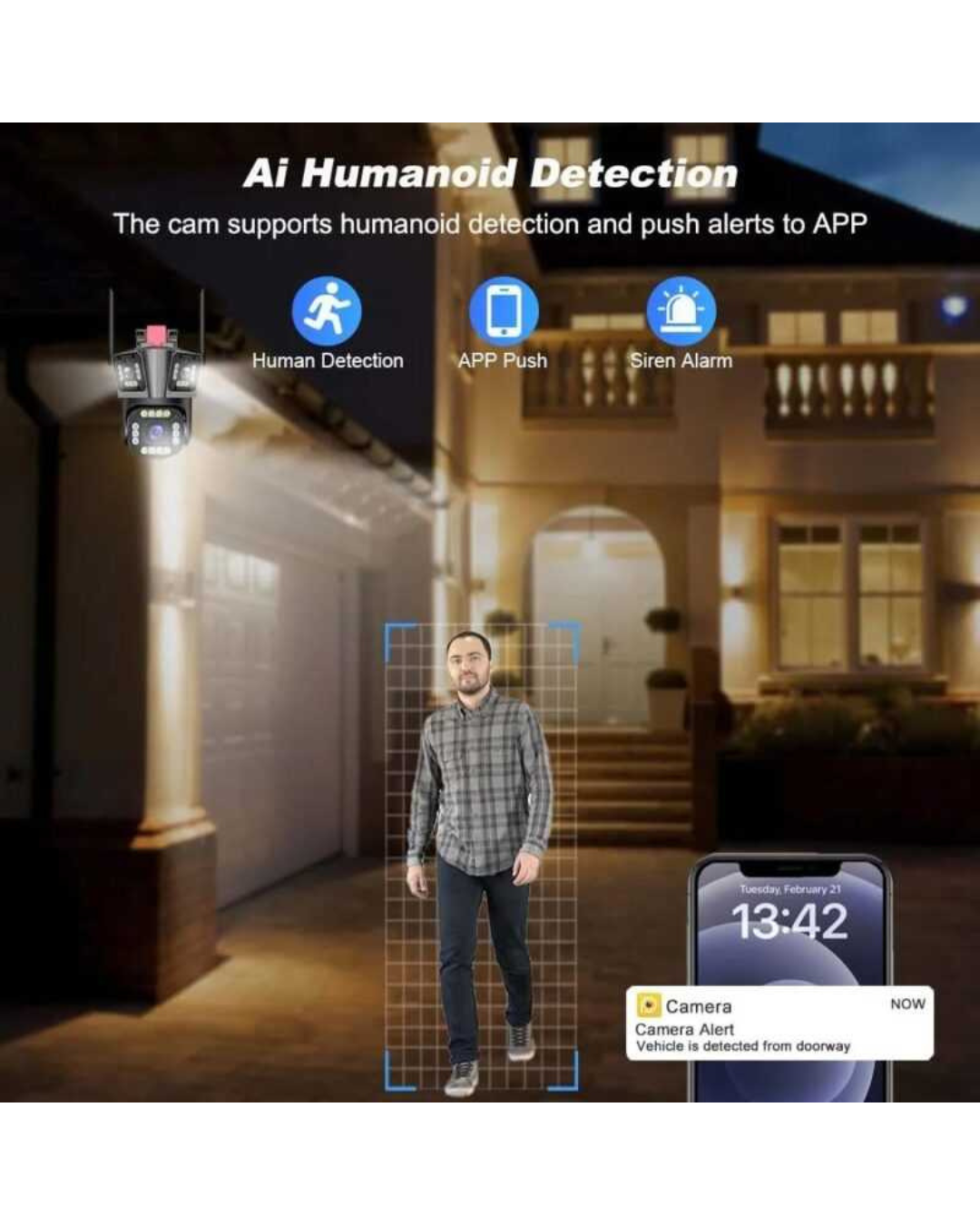 Kamera 4G SIM me 3 lente, ngjyra Full HD, Shikim nate, për ambiente të jashtme