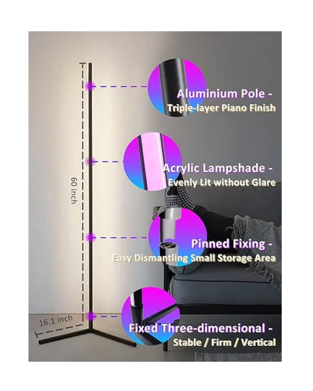 Llambë dyshemeje këndore inteligjente LED RGB 60” me aplikacion dhe telekomandë