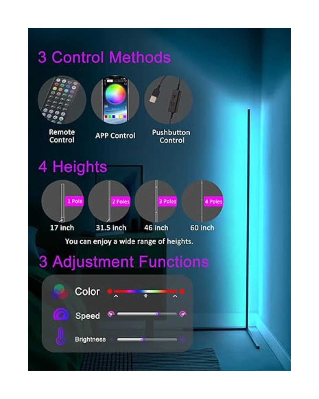 Llambë dyshemeje këndore inteligjente LED RGB 60” me aplikacion dhe telekomandë