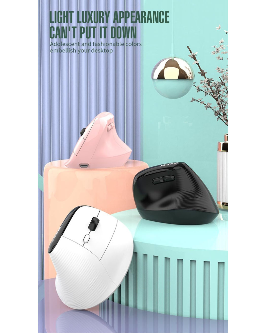Maus ergonomik XunFOX,i rikarikueshëm vertikal me valë Bluetooth optik 2,4 GHz, DPI me 5 shpejtësi (Pink)