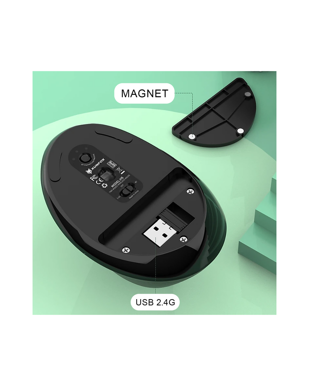 Maus ergonomik XunFOX,i rikarikueshëm vertikal me valë Bluetooth optik 2,4 GHz, DPI me 5 shpejtësi (Black)