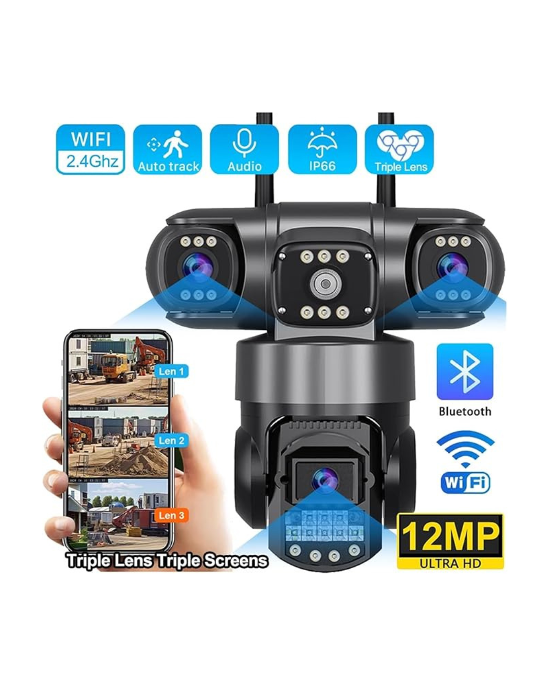 Kamera WiFi për ambiente të jashtme 12MP 6K me lente të trefishta, shikim nate, të papërshkueshme nga uji