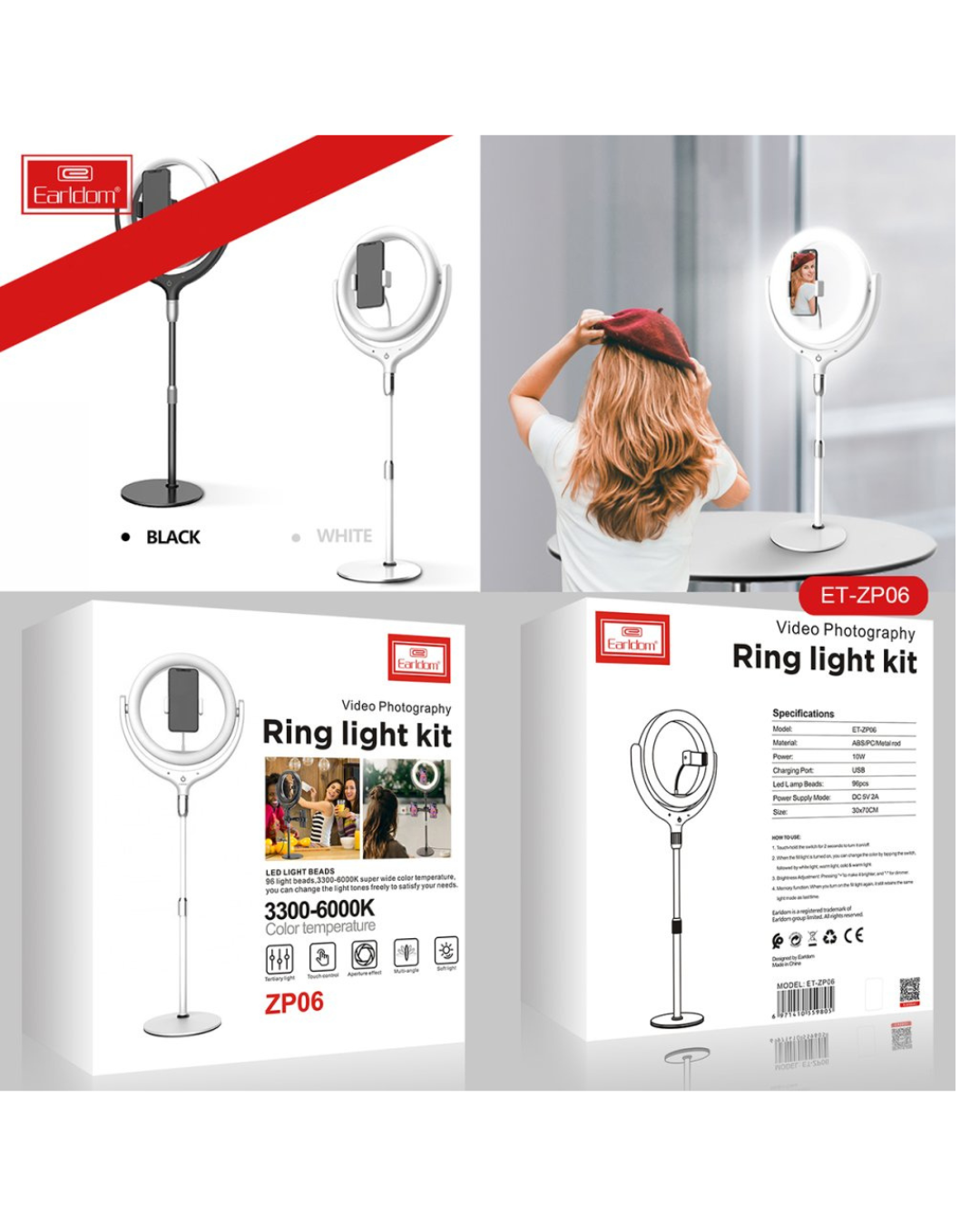 Ring Llambë LED për selfie Earldom ET-ZP06 me mbështetëse