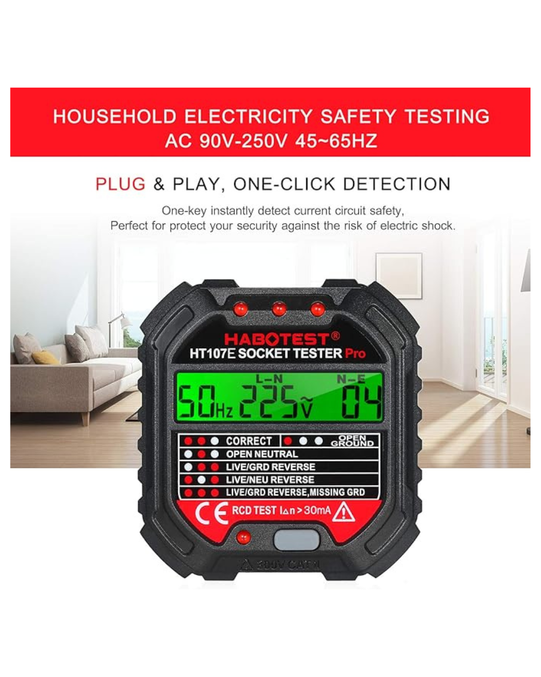 Testues Prize HABOTEST GFCI me Ekran Tensioni 90-250V Detektor Automatik i Tensionit
