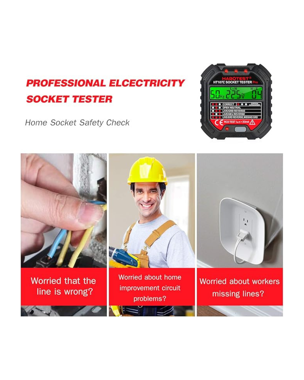 Testues Prize HABOTEST GFCI me Ekran Tensioni 90-250V Detektor Automatik i Tensionit