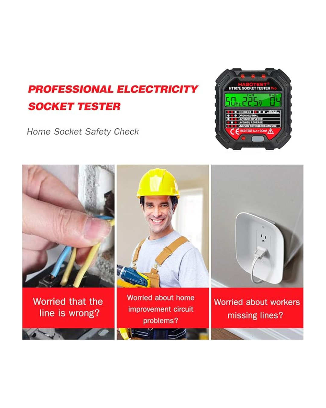 Testues Prize HABOTEST GFCI me Ekran Tensioni 90-250V Detektor Automatik i Tensionit