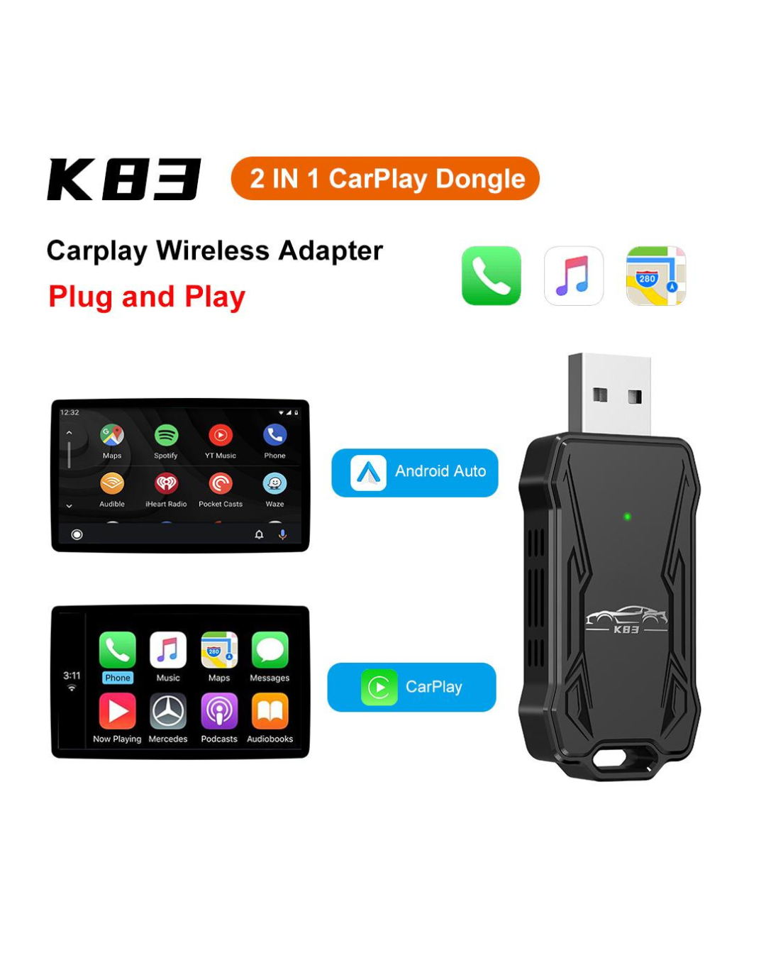 Adapter për CarPlay - Adaptues për makinën WiFi dhe Bluetooth për Apple CarPlay
