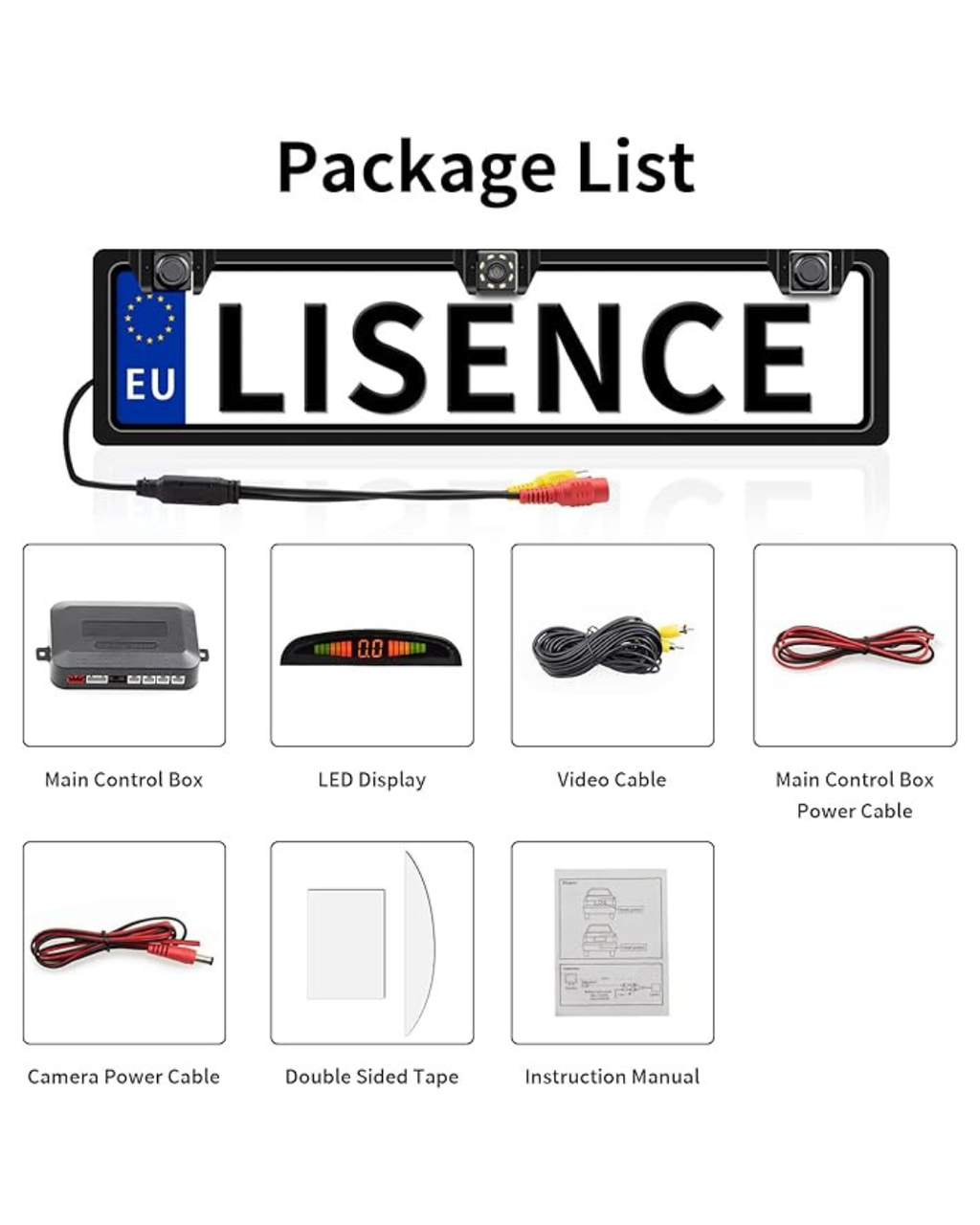 Mbajtëse targe me kamerë për kthim prapa me 2 sensorë parkimi