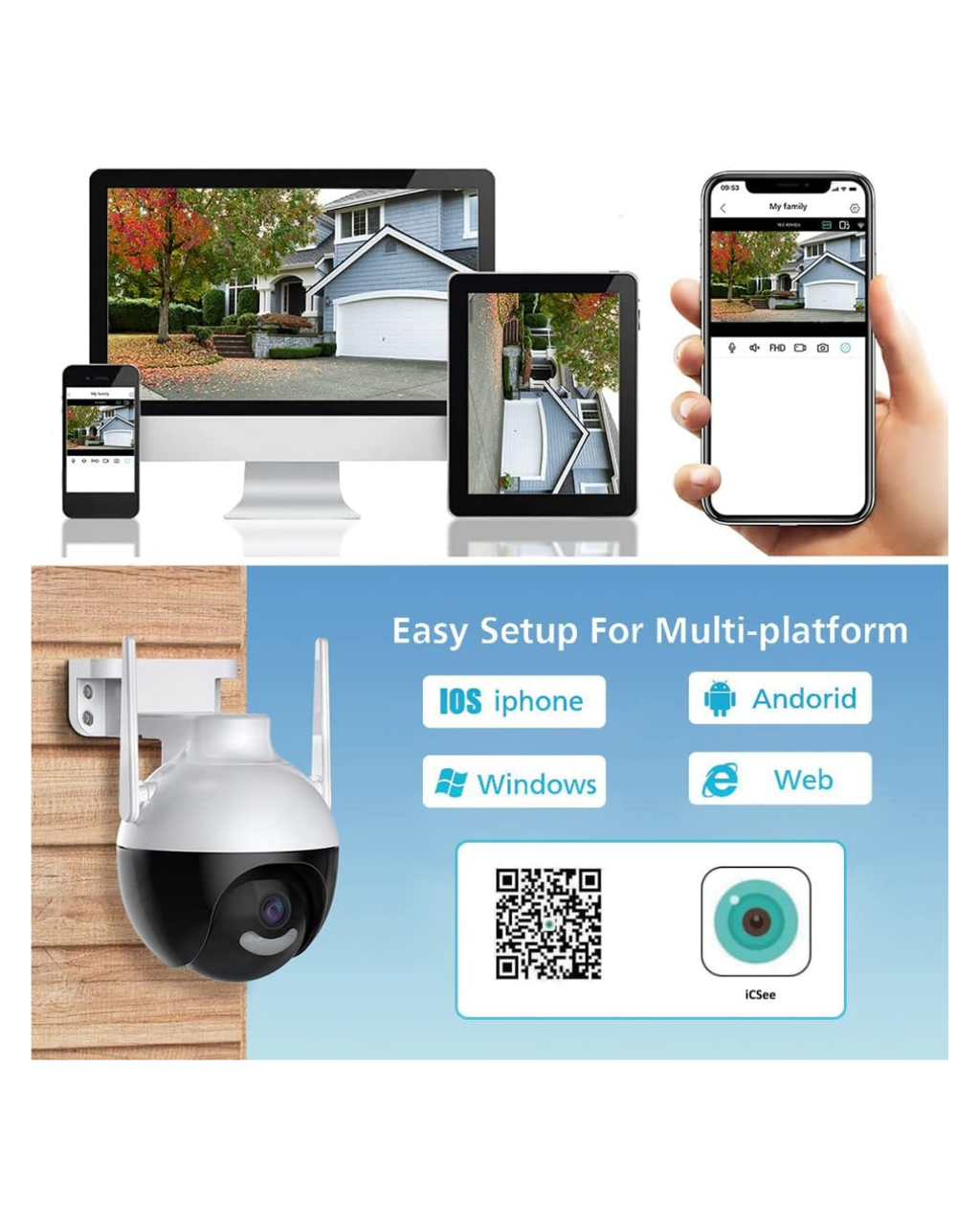 Kamera PTZ WiFi 4MP me pamje 360°, Shikim natën, e bardhë