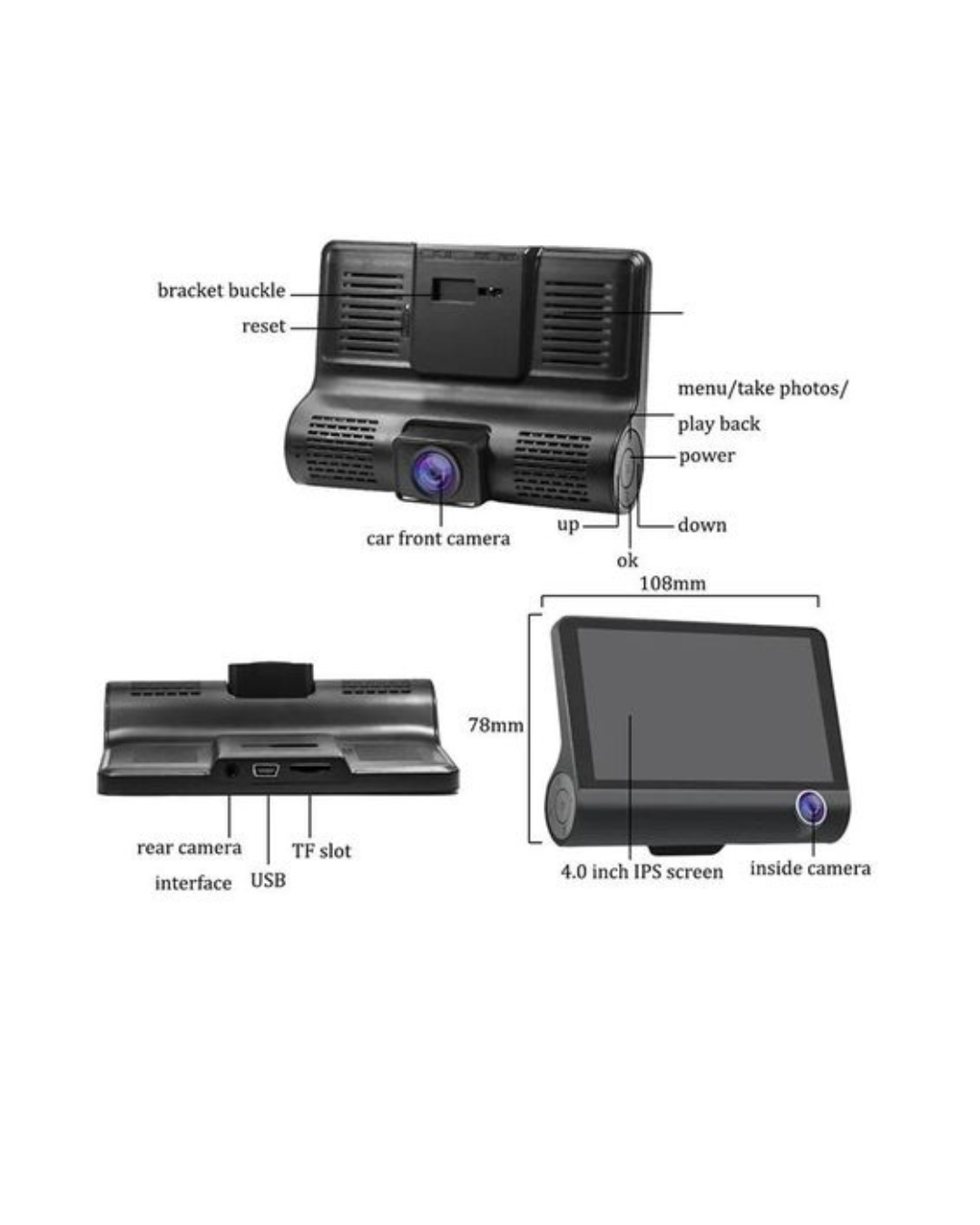 Kamera Regjistruese makine 1080P me Loop, Sensor G, Shikim Nate, Kënd i Gjerë 170°, Monitor Parkimi