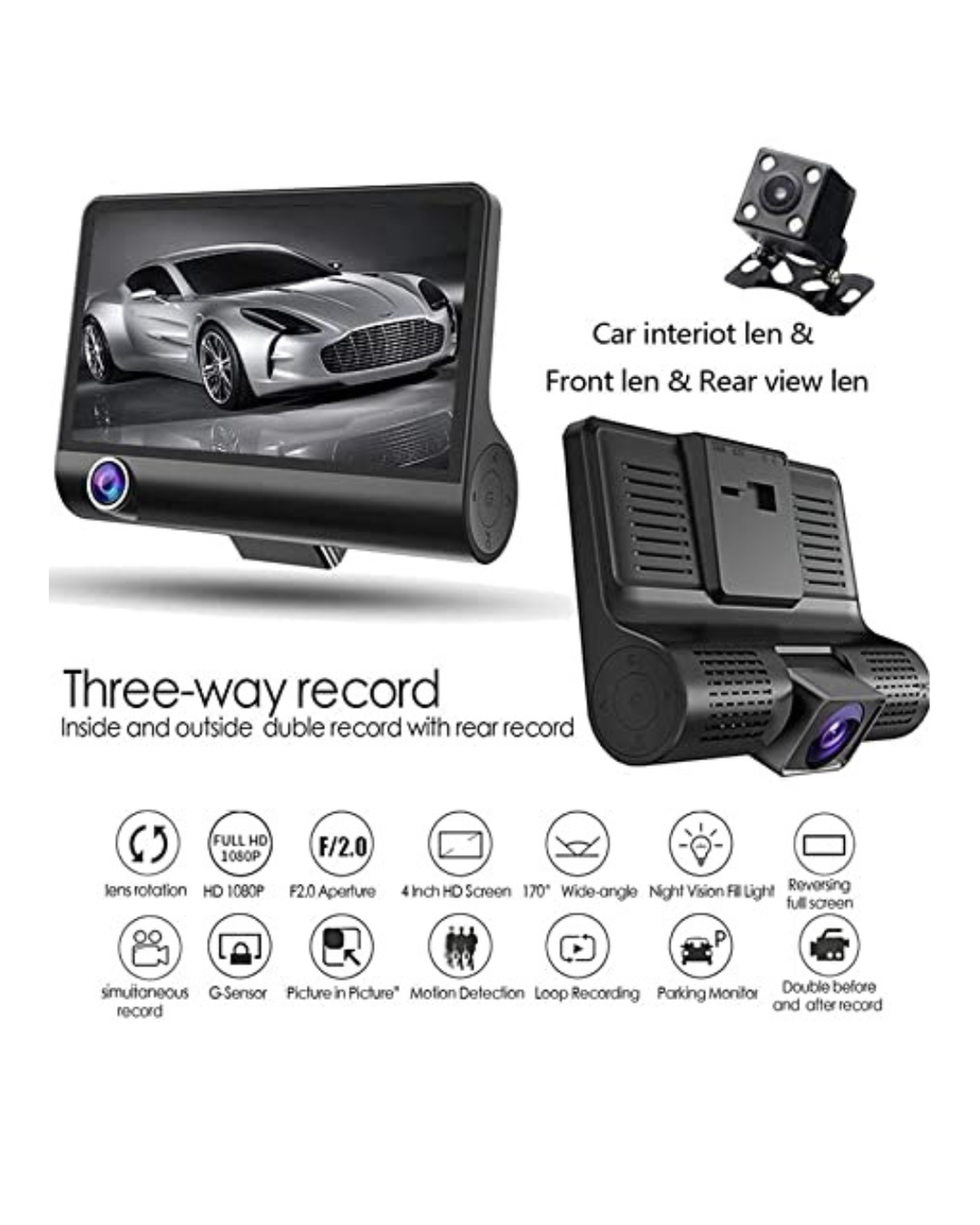 Kamera Regjistruese makine 1080P me Loop, Sensor G, Shikim Nate, Kënd i Gjerë 170°, Monitor Parkimi