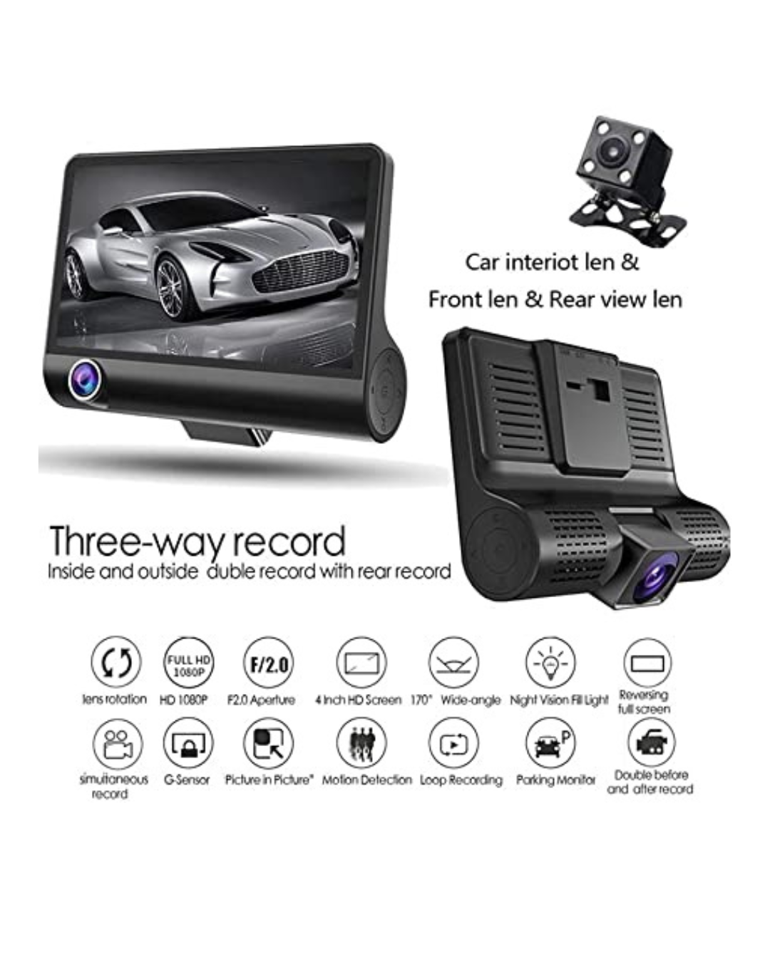 Kamera Regjistruese makine 1080P me Loop, Sensor G, Shikim Nate, Kënd i Gjerë 170°, Monitor Parkimi