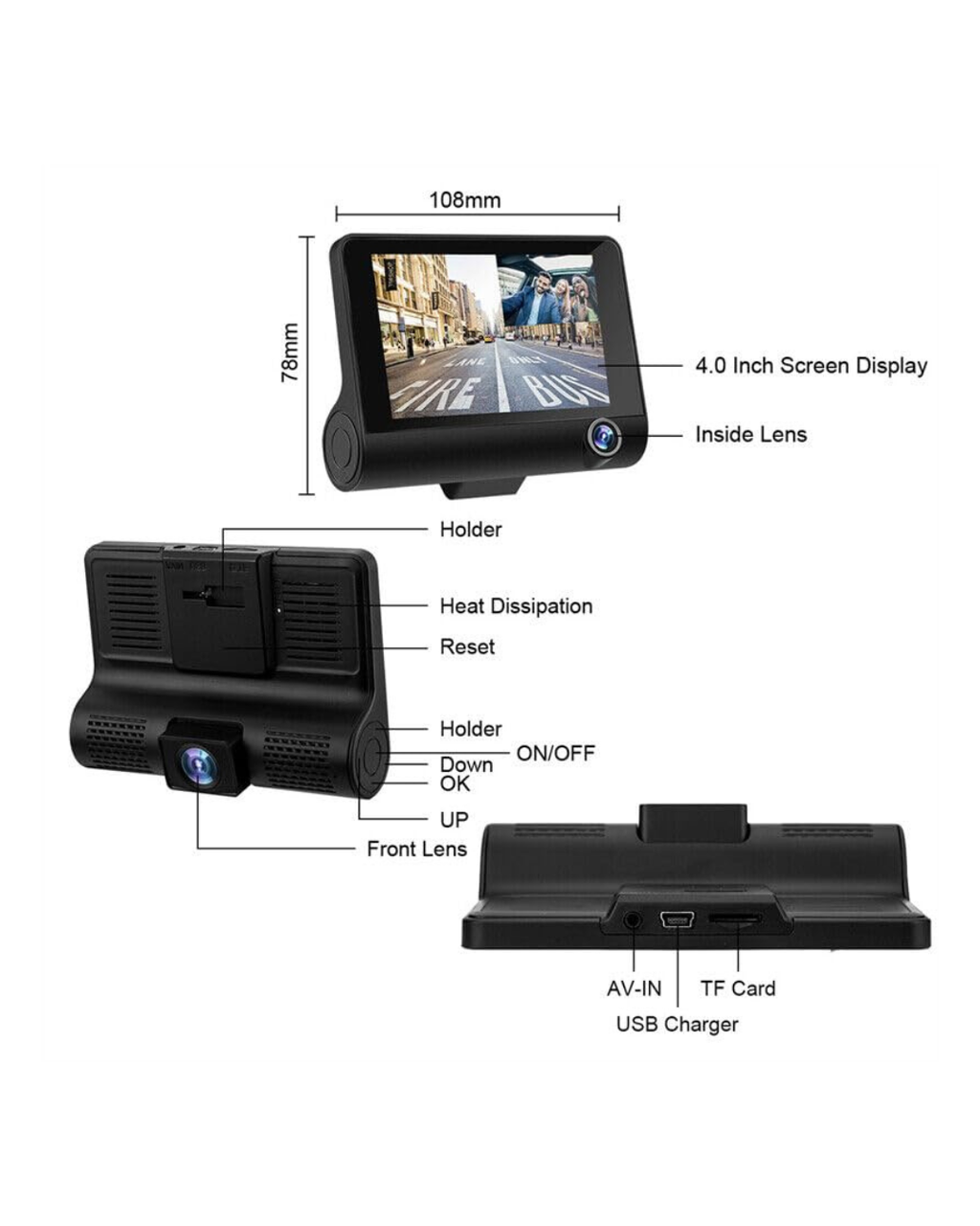 Kamera Regjistruese makine 1080P me Loop, Sensor G, Shikim Nate, Kënd i Gjerë 170°, Monitor Parkimi