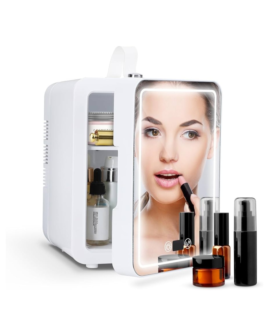 Mini frigorifer me pasqyrë dhe dritë për makine, ftohës dhe ngrohës termoelektrik