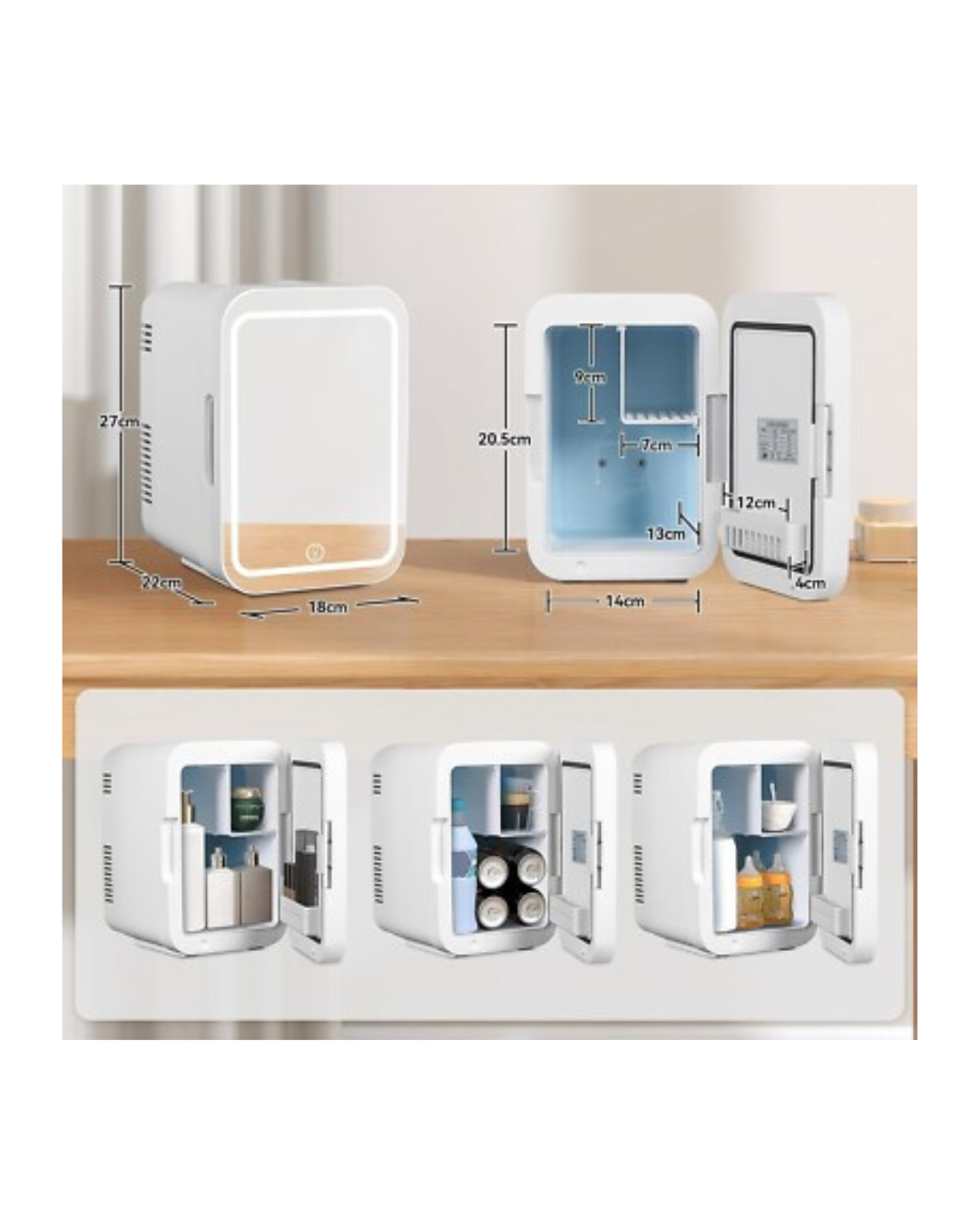 Mini frigorifer me pasqyrë dhe dritë për makine, ftohës dhe ngrohës termoelektrik