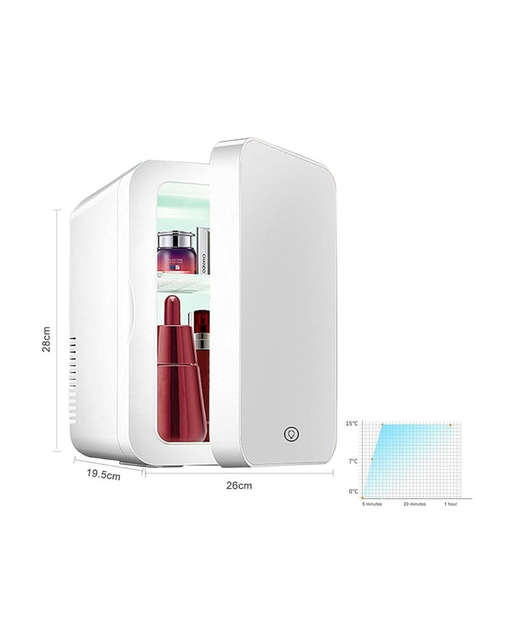 Mini frigorifer me pasqyrë dhe dritë për makine, ftohës dhe ngrohës termoelektrik