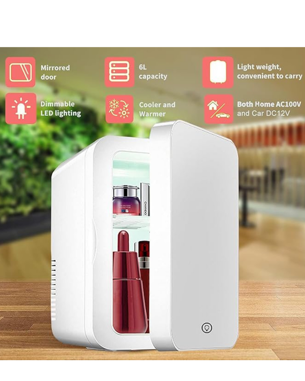 Mini frigorifer me pasqyrë dhe dritë për makine, ftohës dhe ngrohës termoelektrik