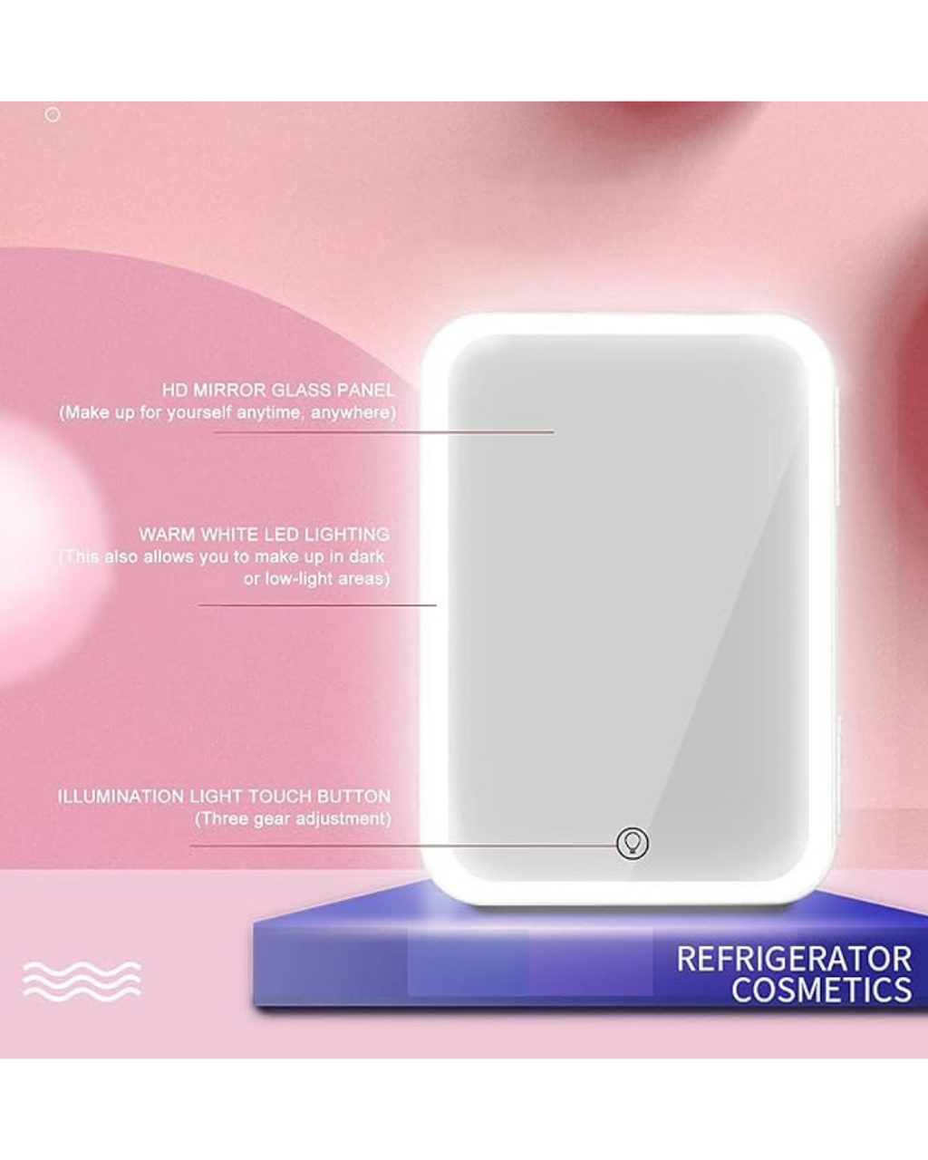 Mini frigorifer me pasqyrë dhe dritë për makine, ftohës dhe ngrohës termoelektrik