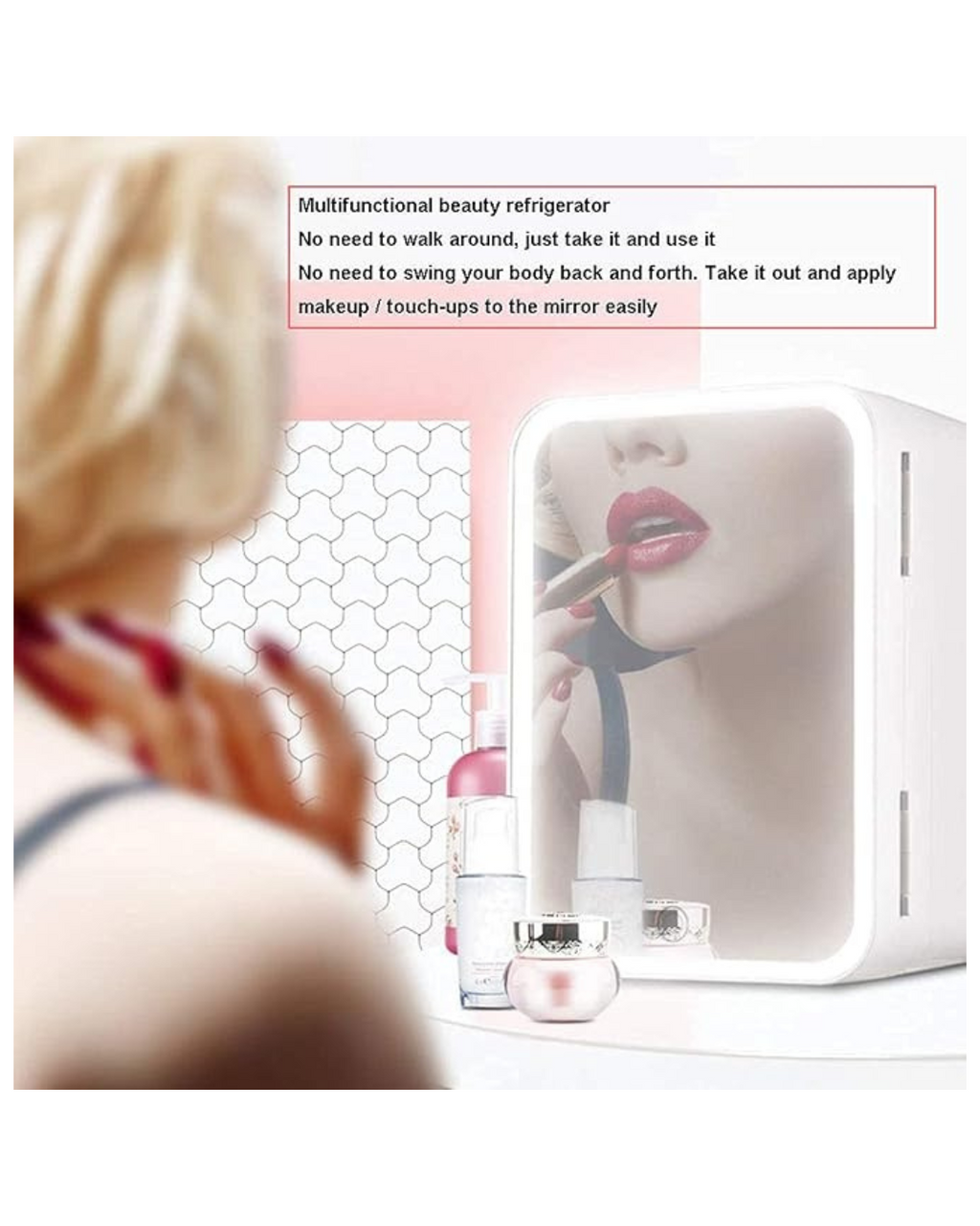 Mini frigorifer me pasqyrë dhe dritë për makine, ftohës dhe ngrohës termoelektrik