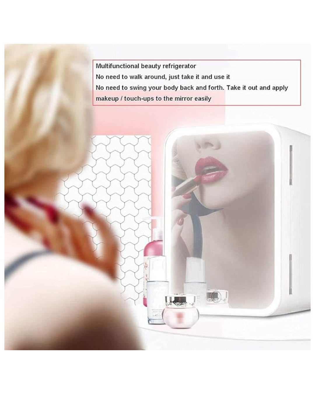 Mini frigorifer me pasqyrë dhe dritë për makine, ftohës dhe ngrohës termoelektrik