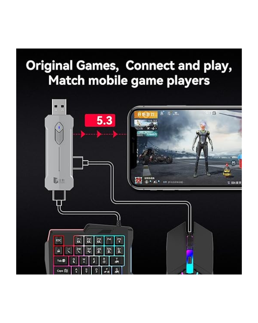 Tastierë dhe Maus 5 në 1 Mini për Lojëra RGB dhe Mbajtëse Celulari