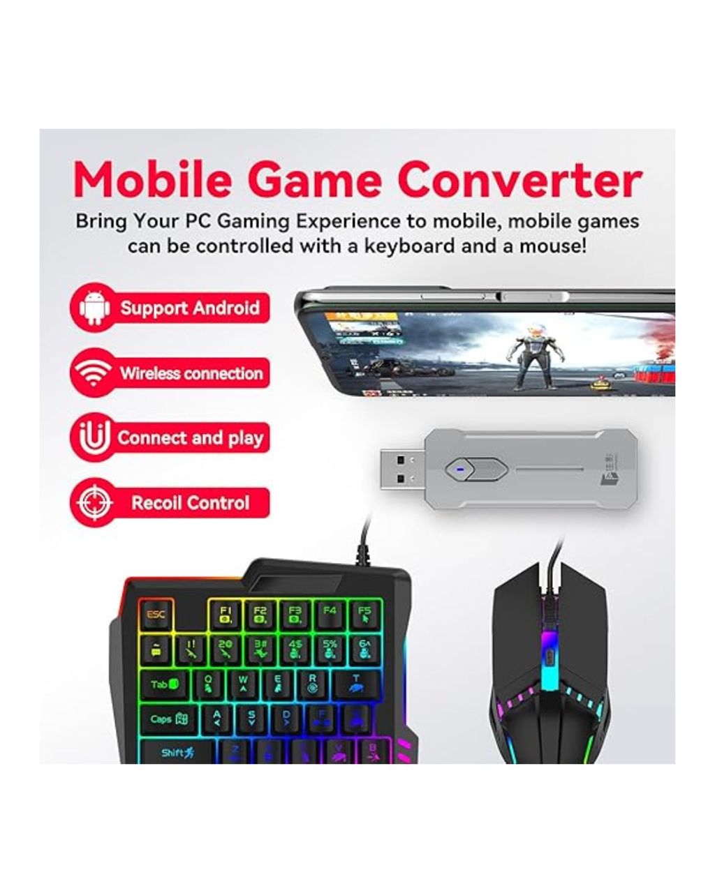 Tastierë dhe Maus 5 në 1 Mini për Lojëra RGB dhe Mbajtëse Celulari