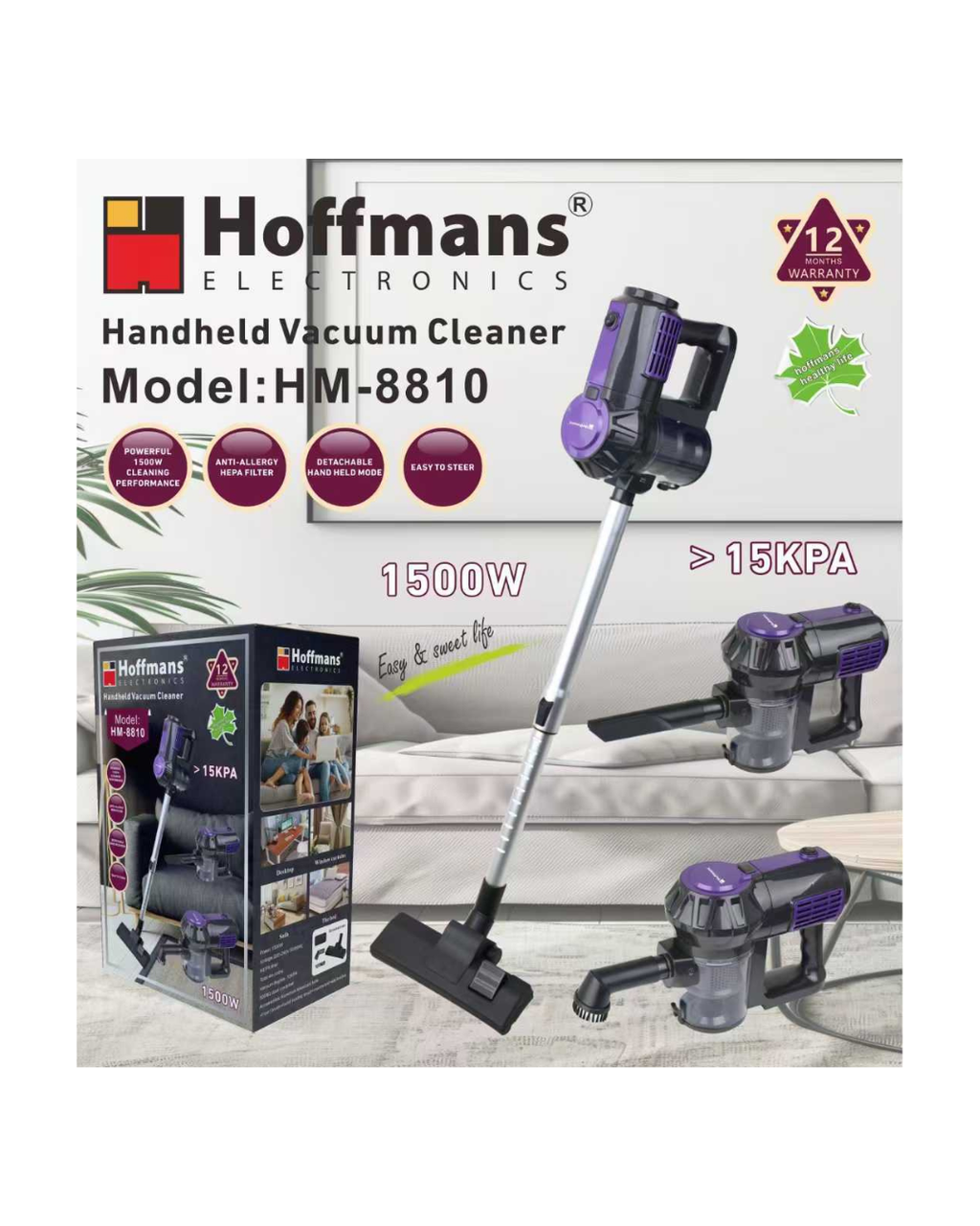 Fshesë elektrike Hoffmans 3-në-1, me fuqi të lartë thithjeje 1500W