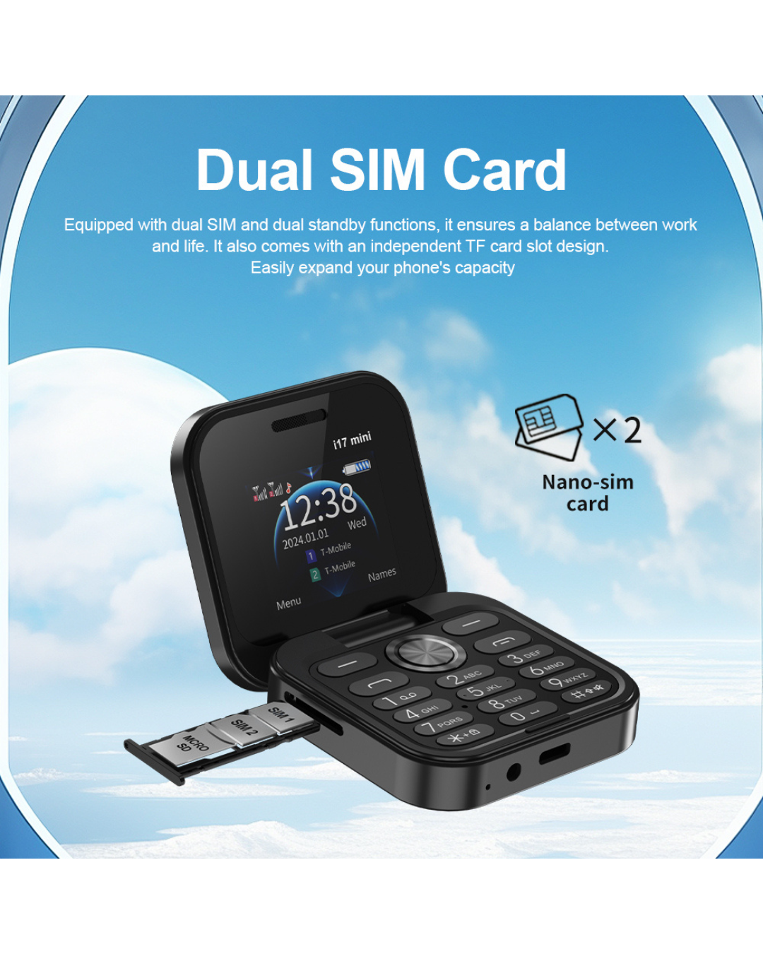 Telefon celular i17 PRO Mini i palosshëm, me ekran të vogël me 2 karta SIM.