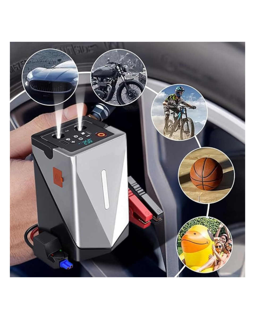 Jump starter për makinë shumëfunksionale me pompë ajri dhe fryrës 150PSI