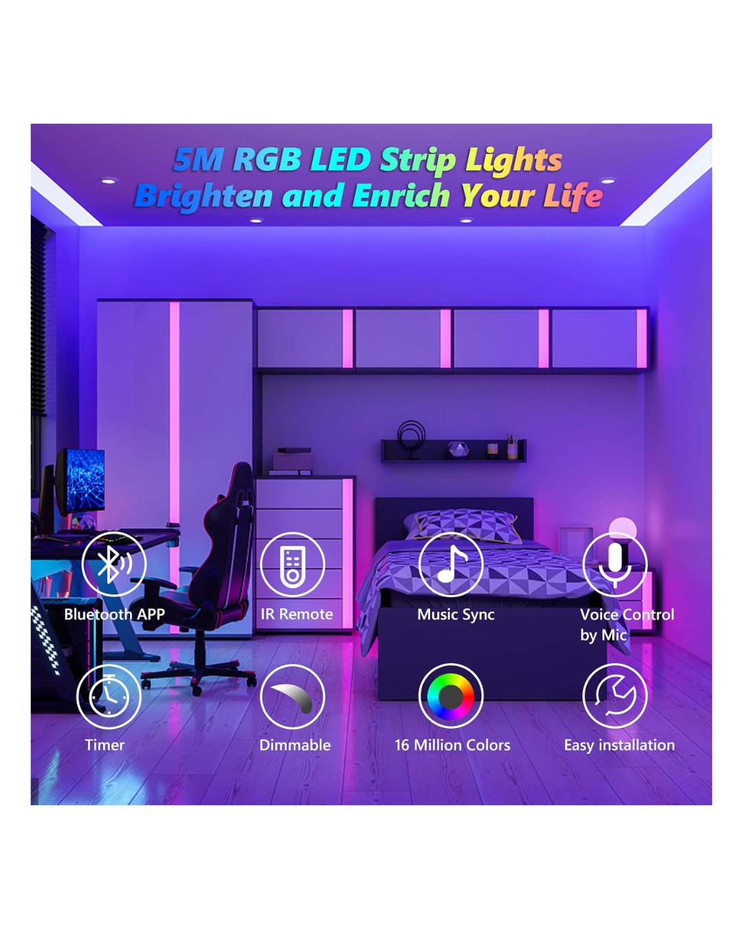Drita e shiritit LED 5M, APP Bluetooth RGB Dritat LED që ndryshojnë ngjyrën
