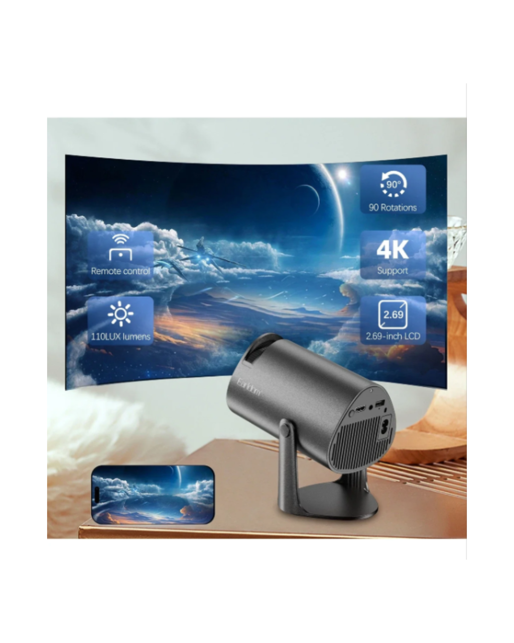 Projektor Earldom PJ04 me mbështetje 4K, Wi-Fi
