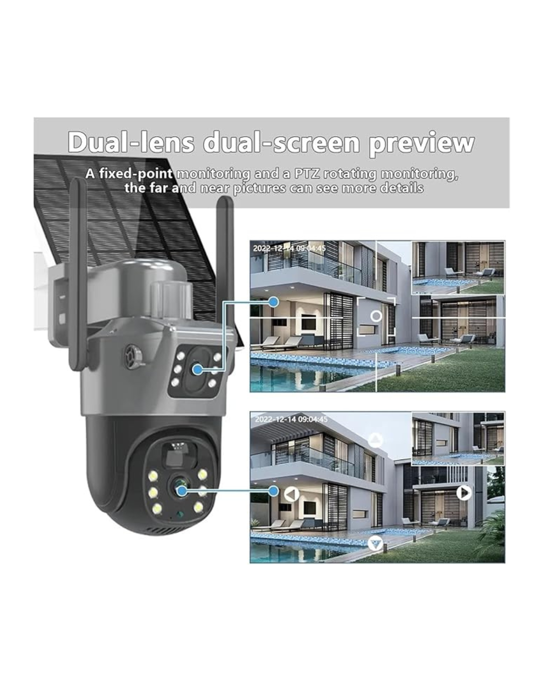Solar Kamera Diellore WiFi 8MP me Dy Lente të Jashtme, Rezistente ndaj Motit, Audio Dykahëshe, Shikim me Ngjyra, Night View