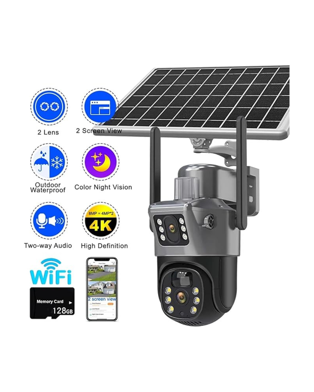 Solar Kamera Diellore WiFi 8MP me Dy Lente të Jashtme, Rezistente ndaj Motit, Audio Dykahëshe, Shikim me Ngjyra, Night View