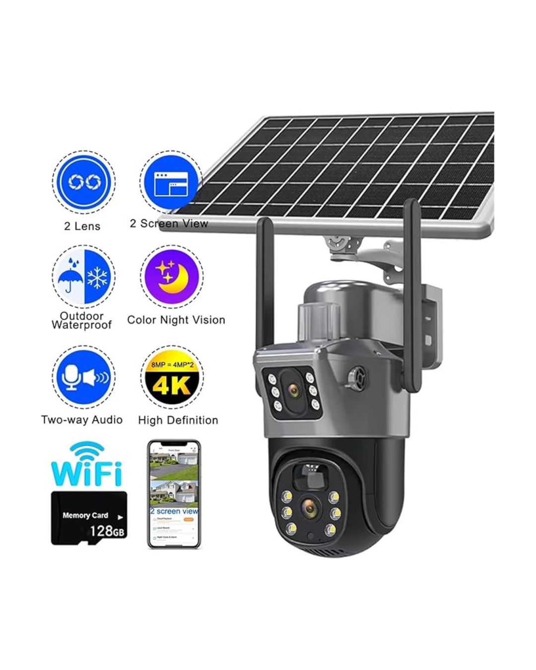 Solar Kamera Diellore WiFi 8MP me Dy Lente të Jashtme, Rezistente ndaj Motit, Audio Dykahëshe, Shikim me Ngjyra, Night View