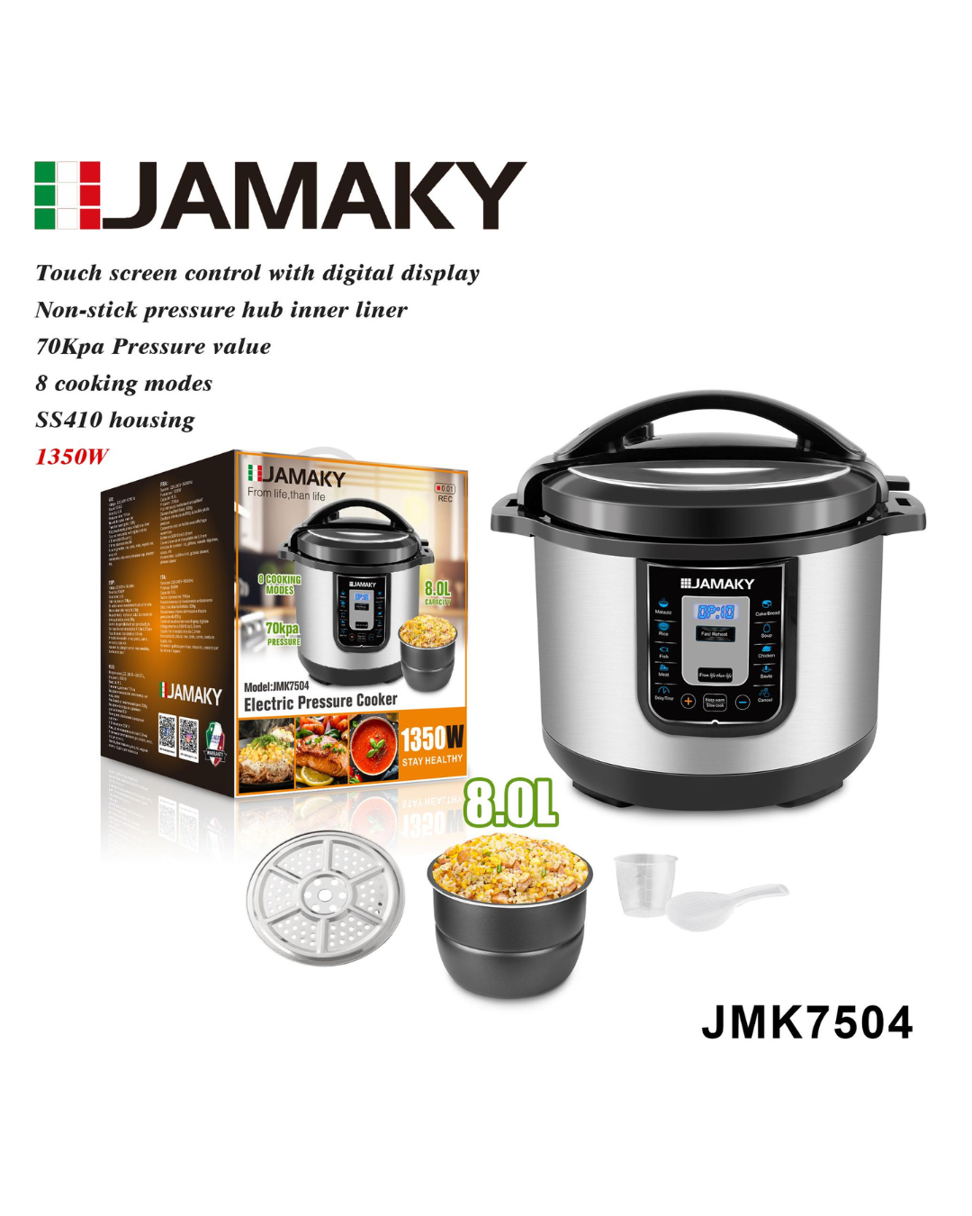 Tenxhere elektrike me presion JAMAKY 8L me funksion gatimi të ngadaltë - 1350W