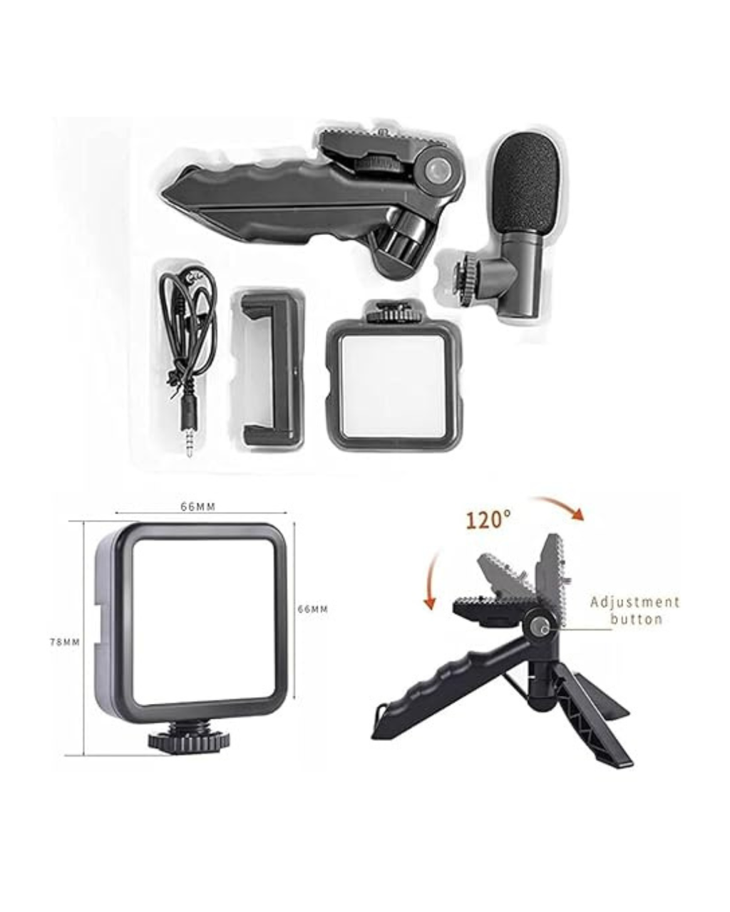 Kit për Video 6 në 1 për telefon (me Tripod), Mini LED + Mikrofon Kardioid + Kapëse Telefoni + Tripod