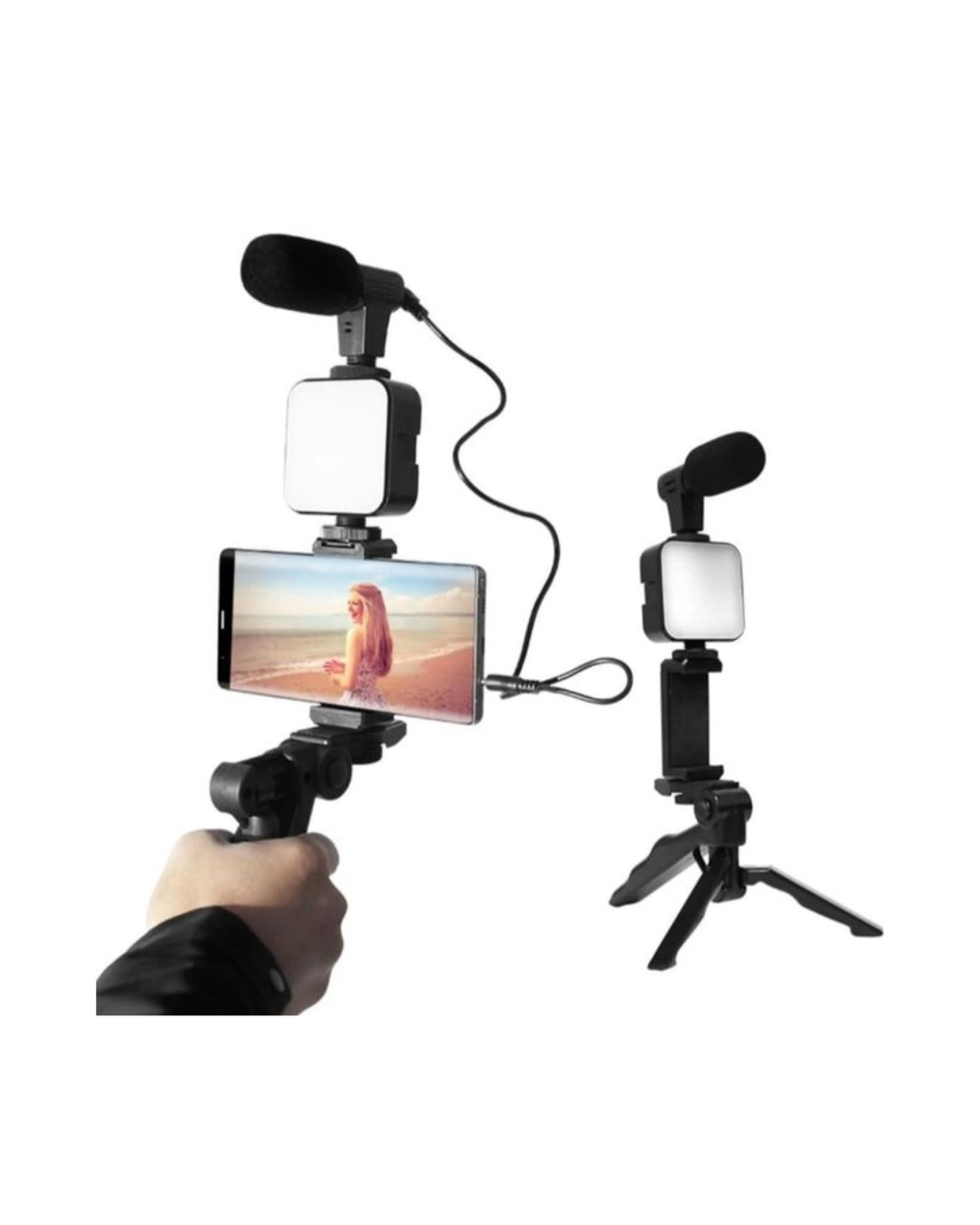 Kit për Video 6 në 1 për telefon (me Tripod), Mini LED + Mikrofon Kardioid + Kapëse Telefoni + Tripod