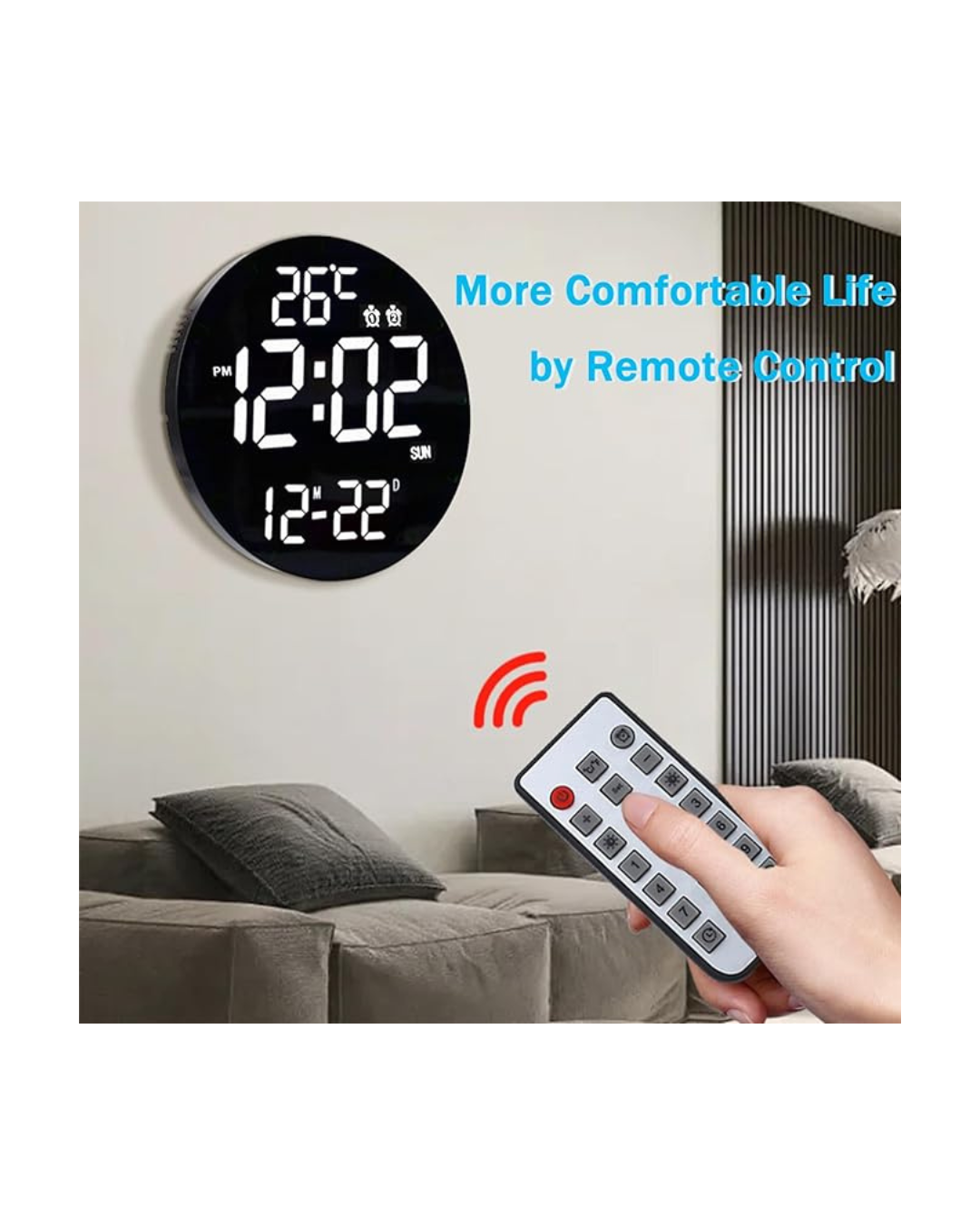 Orë dixhitale muri me ekran LED, telekomandë, temperaturë, kalendar, datë, 12/24 orë 2 alarme