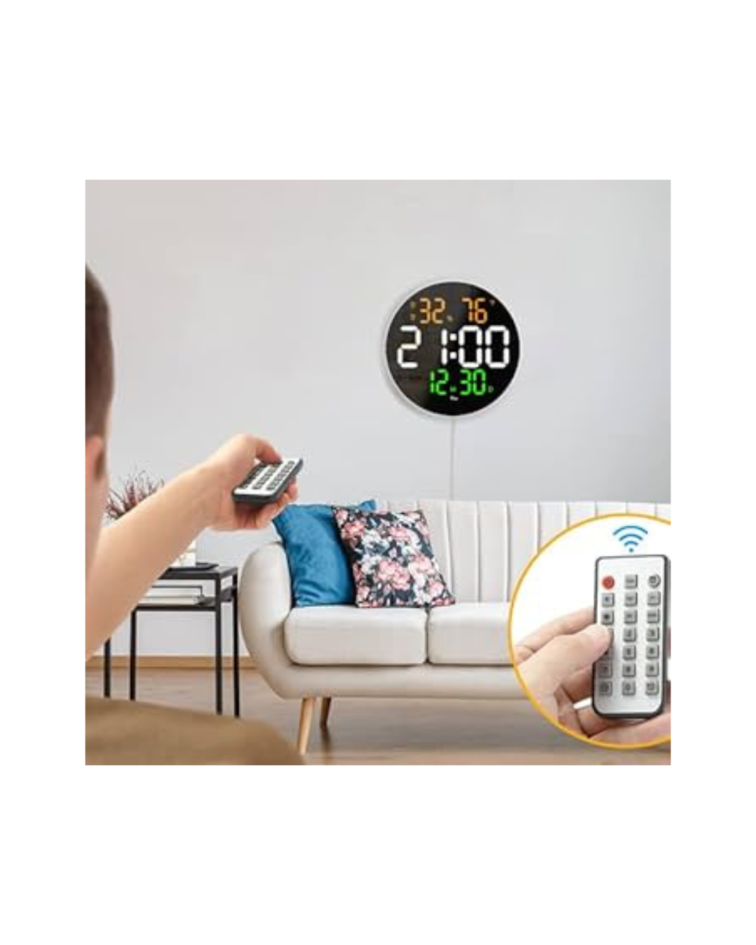 Orë dixhitale muri me ekran LED, telekomandë, temperaturë, kalendar, datë, 12/24 orë 2 alarme