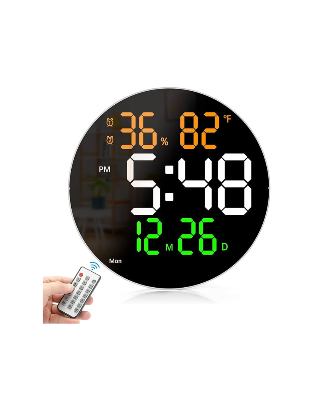 Orë dixhitale muri me ekran LED, telekomandë, temperaturë, kalendar, datë, 12/24 orë 2 alarme
