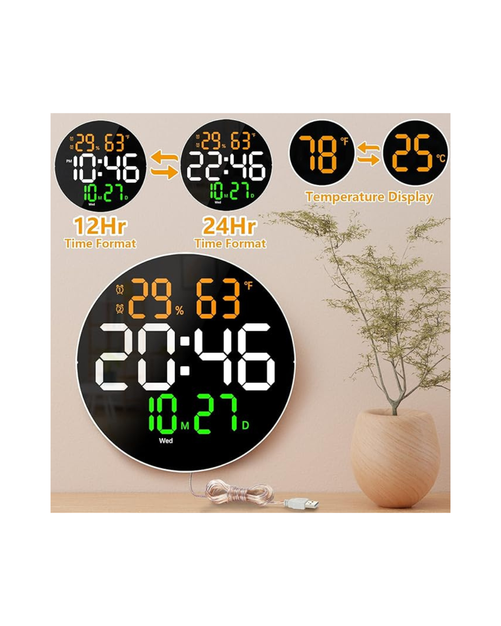 Orë dixhitale muri me ekran LED, telekomandë, temperaturë, kalendar, datë, 12/24 orë 2 alarme