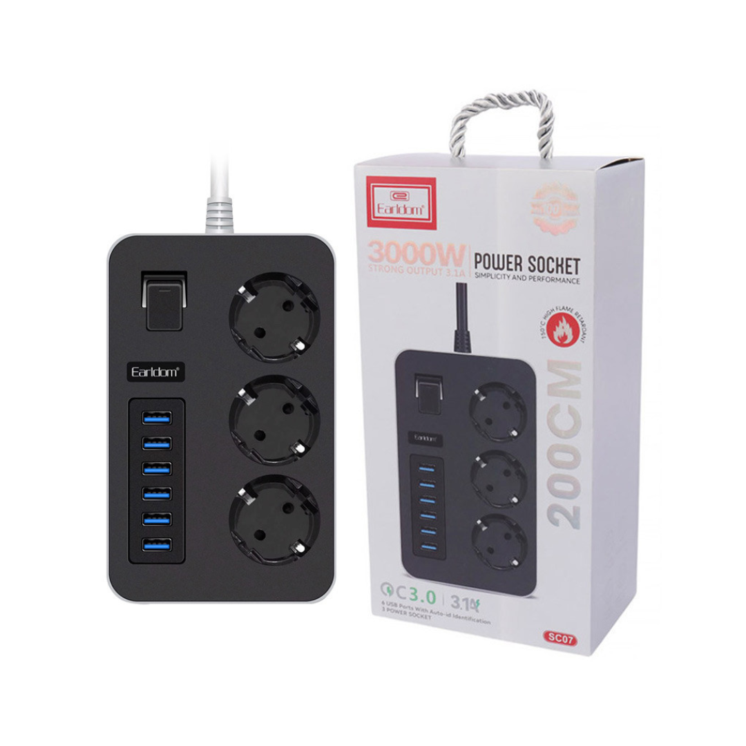 Prizë me mbrojtje ndaj rrymës 3 priza AC dhe 6 porte USB Rrip